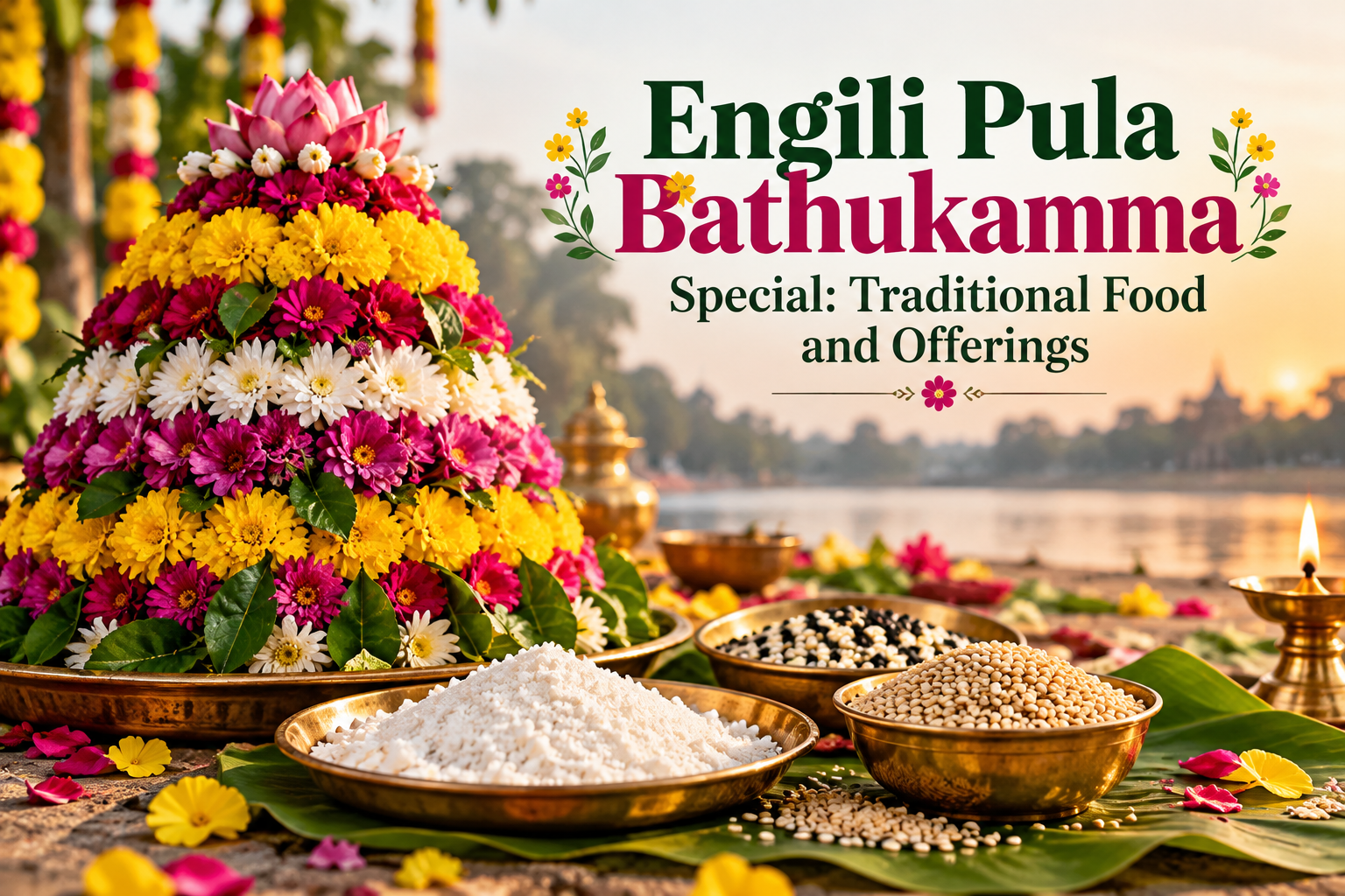 Engili Pula Bathukamma traditional food offerings with sesame seeds and rice flour.