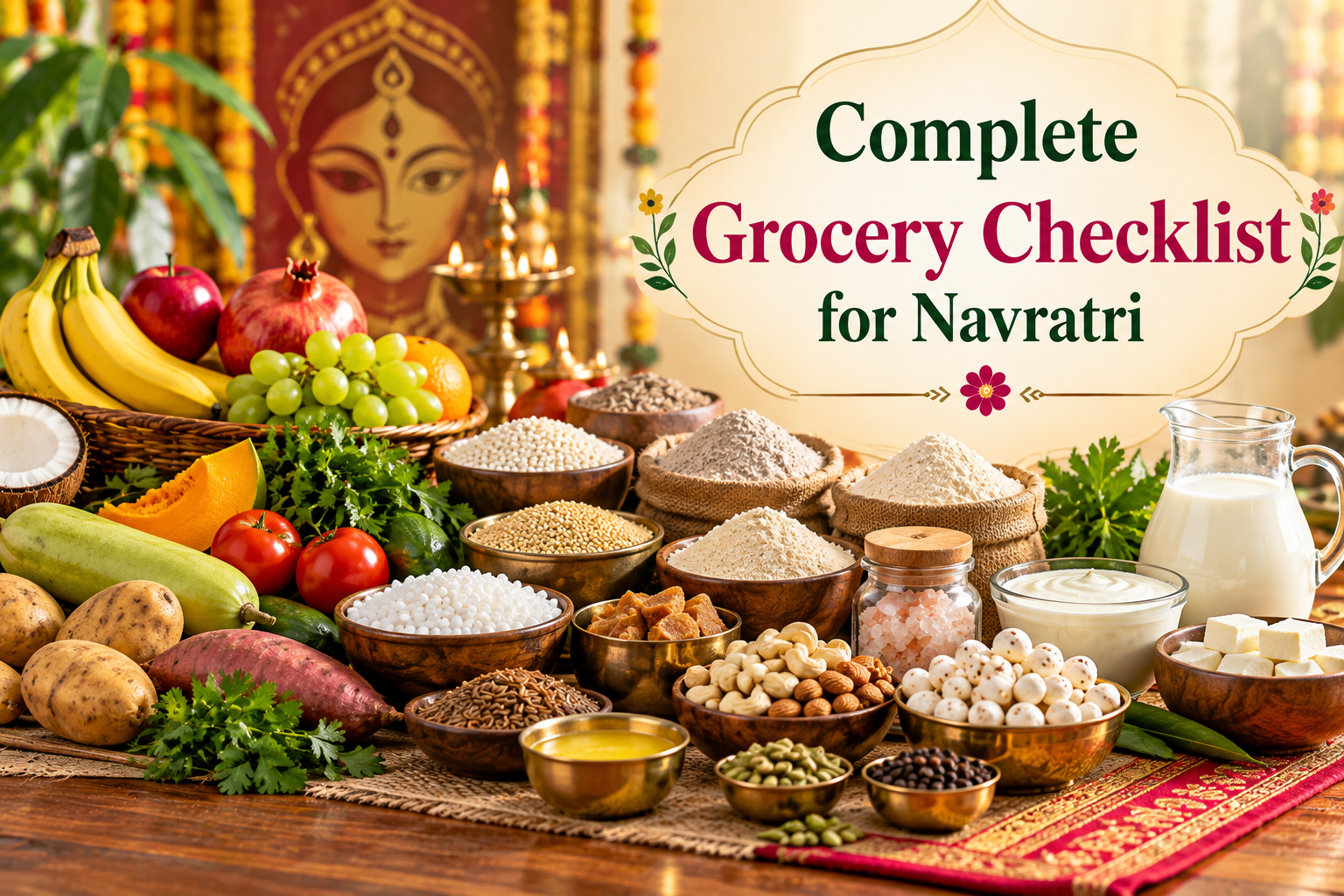 Complete Navratri grocery checklist with fruits, nuts, vrat-friendly flours, spices and festive cooking ingredients.